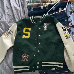 Peanuts Mens Varsity Jacket - Green and White
